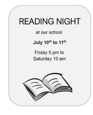 Plakat für eine Reading Night in der Schule mit Datum, Uhrzeit und Buchsymbol.